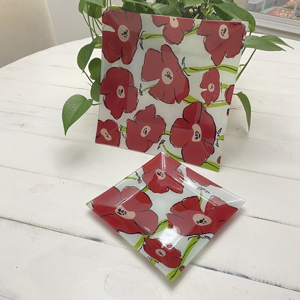 Set of 2 Poppies Garden Printed Decorative Glass Plates Platters Trinket Trays